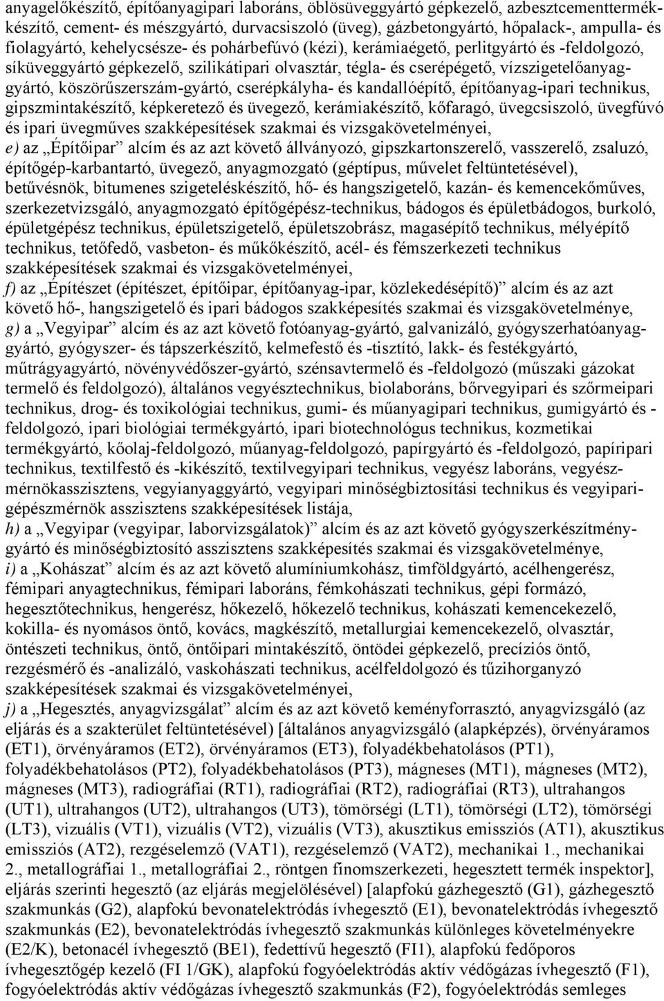 köszörűszerszám-gyártó, cserépkályha- és kandallóépítő, építőanyag-ipari, gipszmintakészítő, képkeretező és üvegező, kerámiakészítő, kőfaragó, üvegcsiszoló, üvegfúvó és ipari üvegműves