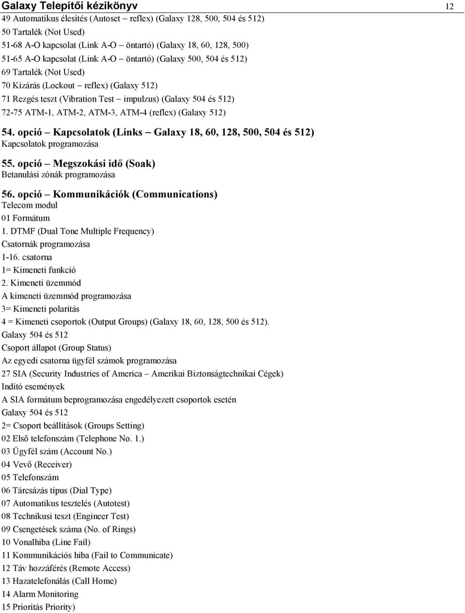 ATM-3, ATM-4 (reflex) (Galaxy 512) 54. opció Kapcsolatok (Links Galaxy 18, 60, 128, 500, 504 és 512) Kapcsolatok programozása 55. opció Megszokási idő (Soak) Betanulási zónák programozása 56.