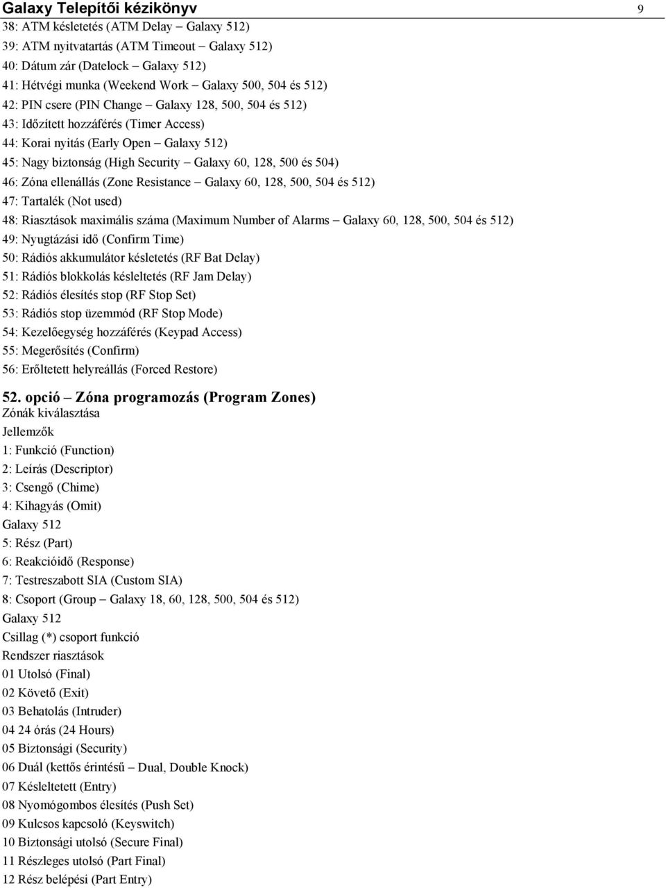 500 és 504) 46: Zóna ellenállás (Zone Resistance Galaxy 60, 128, 500, 504 és 512) 47: Tartalék (Not used) 48: Riasztások maximális száma (Maximum Number of Alarms Galaxy 60, 128, 500, 504 és 512) 49: