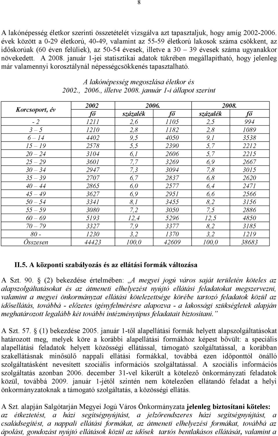 január 1-jei statisztikai adatok tükrében megállapítható, hogy jelenleg már valamennyi korosztálynál népességcsökkenés tapasztalható. A lakónépesség megoszlása életkor és 2002., 2006., illetve 2008.