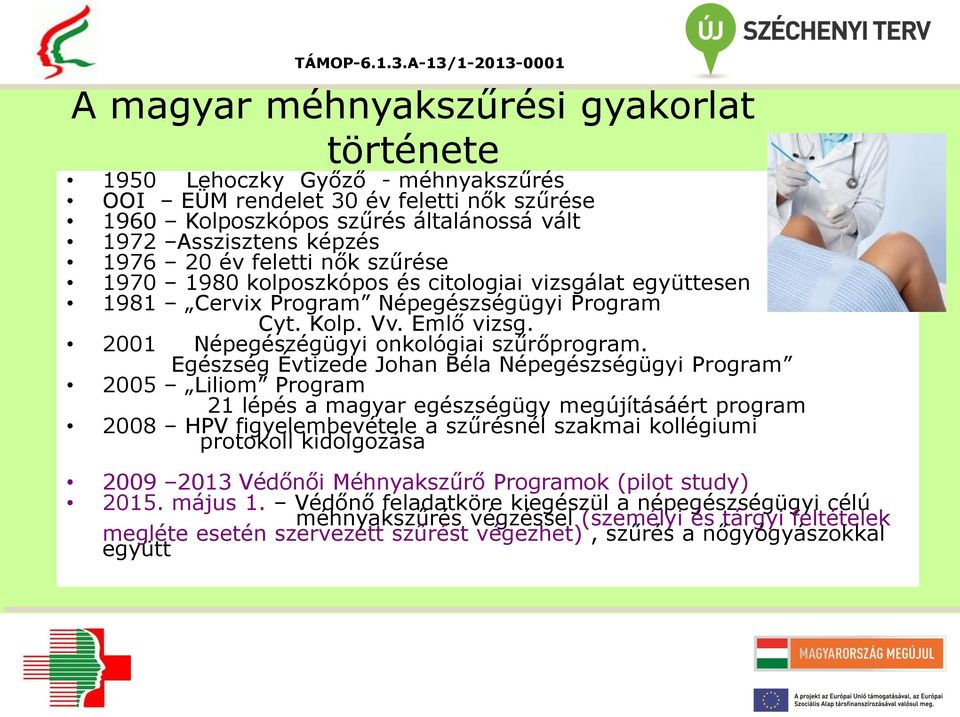 Egészség Évtizede Johan Béla Népegészségügyi Program 2005 Liliom Program 21 lépés a magyar egészségügy megújításáért program 2008 HPV figyelembevétele a szűrésnél szakmai kollégiumi protokoll