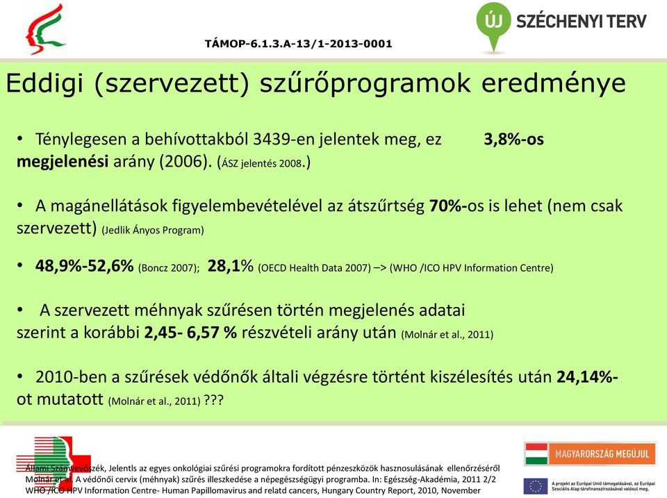 Information Centre) A szervezett méhnyak szűrésen történ megjelenés adatai szerint a korábbi 2,45-6,57 % részvételi arány után (Molnár et al.