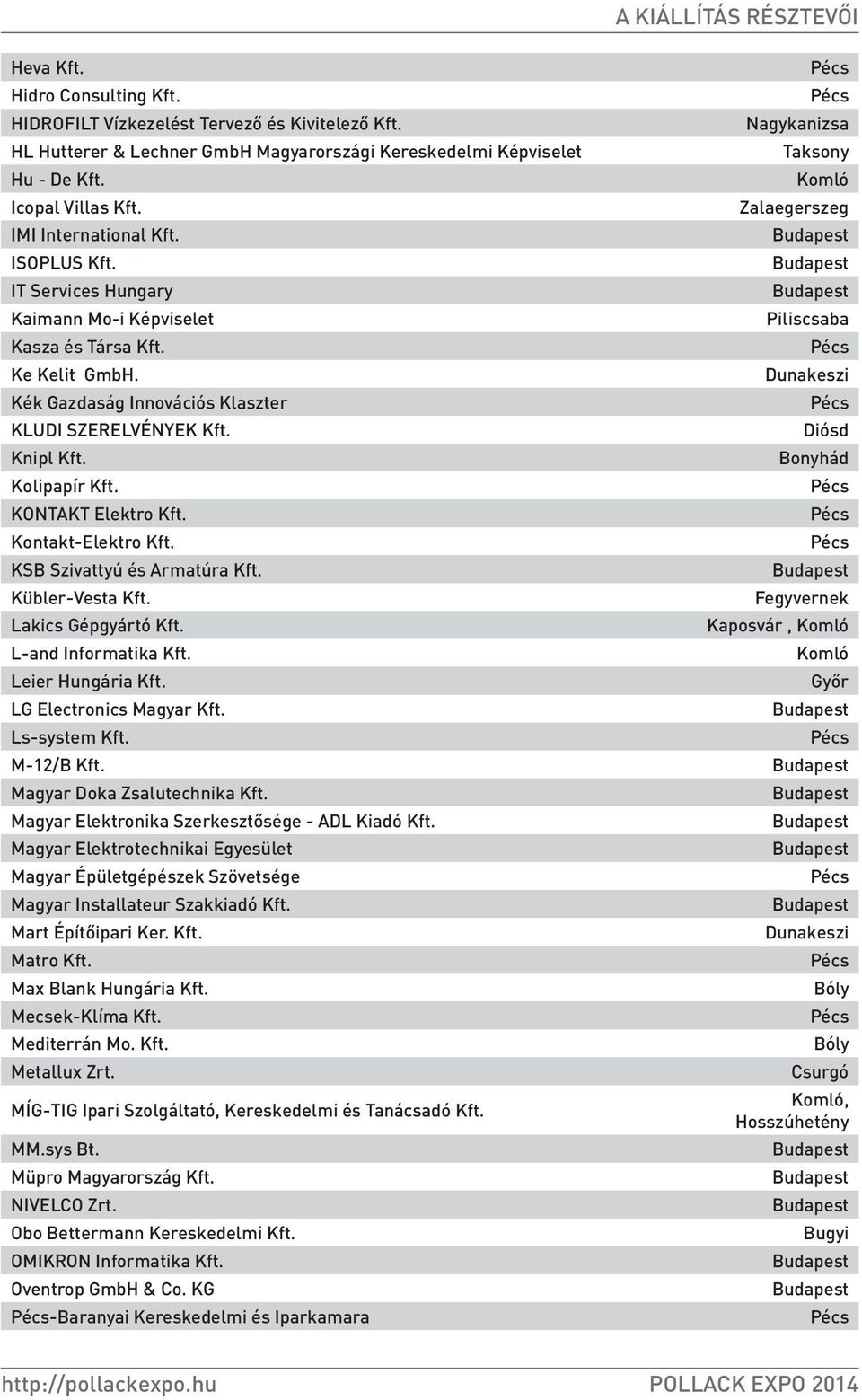 KONTAKT Elektro Kft. Kontakt-Elektro Kft. KSB Szivattyú és Armatúra Kft. Kübler-Vesta Kft. Lakics Gépgyártó Kft. L-and Informatika Kft. Leier Hungária Kft. LG Electronics Magyar Kft. Ls-system Kft.