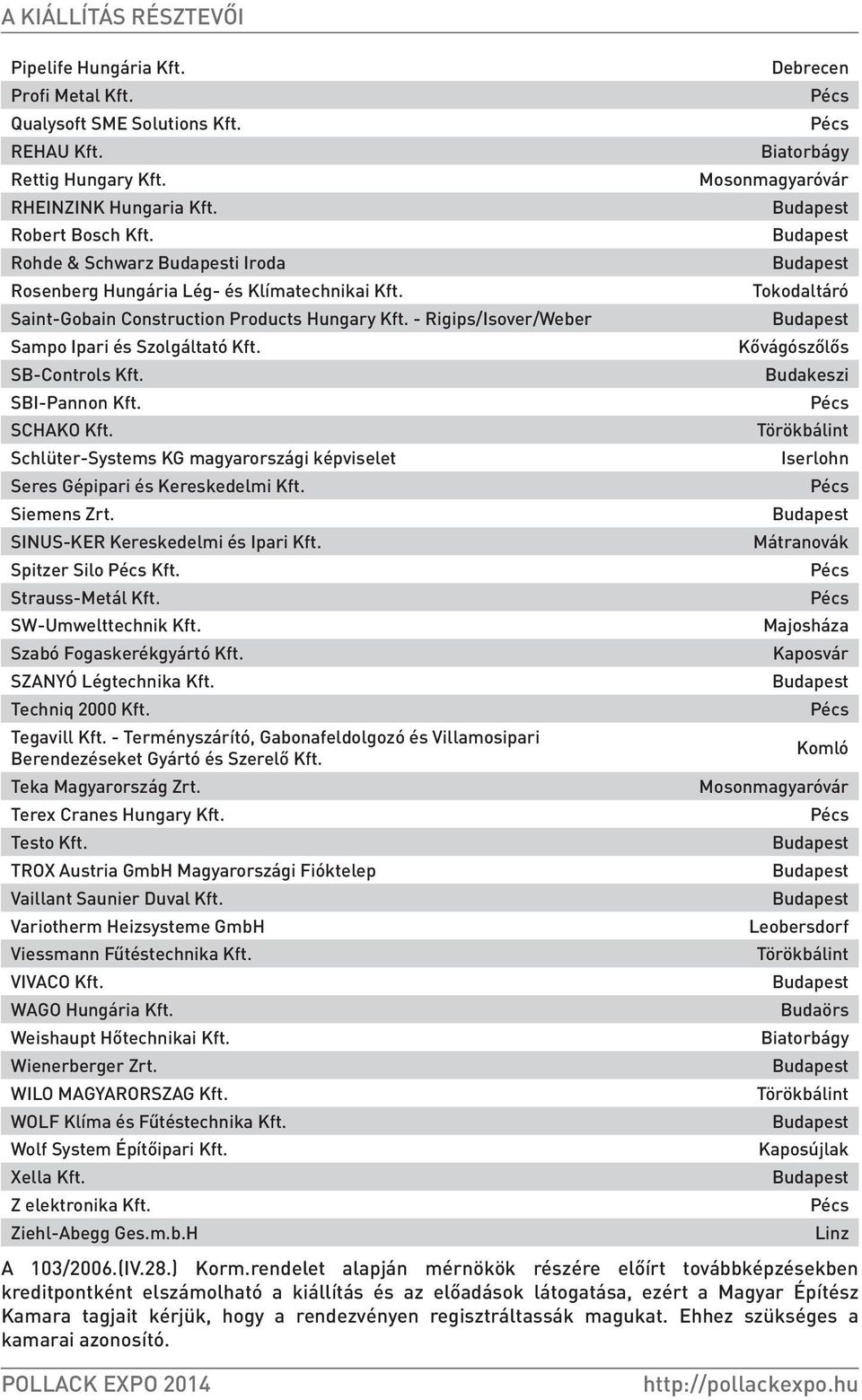 SBI-Pannon Kft. SCHAKO Kft. Schlüter-Systems KG magyarországi képviselet Seres Gépipari és Kereskedelmi Kft. Siemens Zrt. SINUS-KER Kereskedelmi és Ipari Kft. Spitzer Silo Kft. Strauss-Metál Kft.