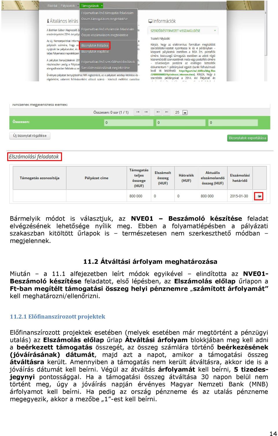 1 alfejezetben leírt módok egyikével elindította az NVE01- Beszámoló készítése feladatot, első lépésben, az Elszámolás előlap űrlapon a Ft-ban megítélt támogatási összeg helyi pénznemre számított