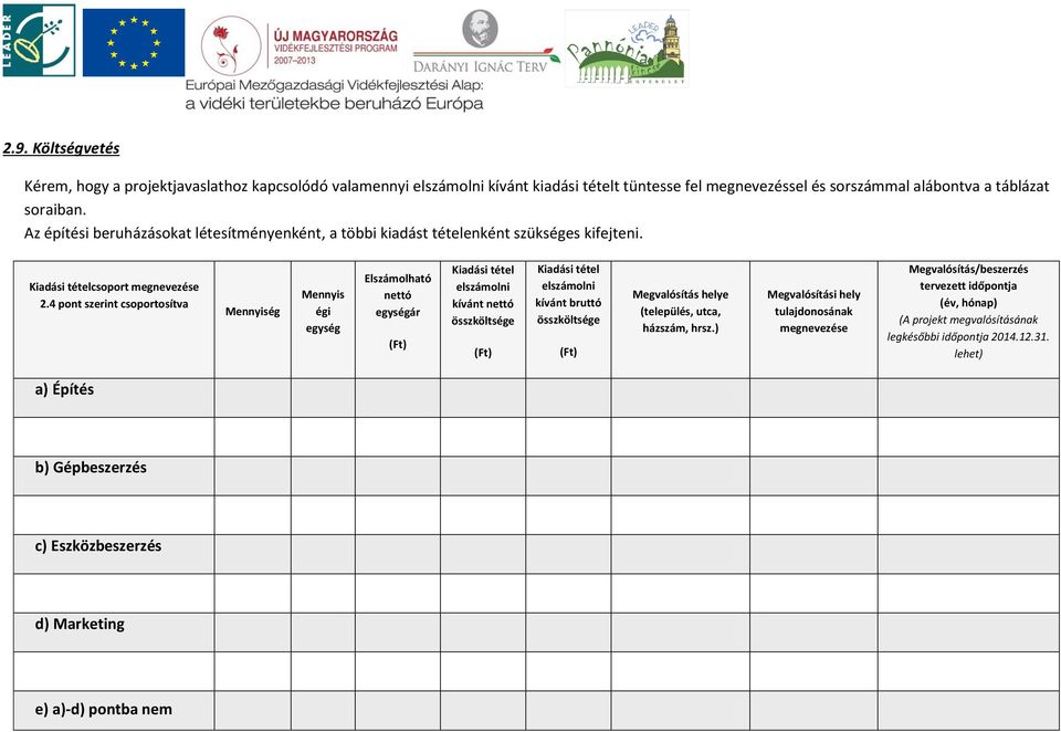 4 pont szerint csoportosítva Mennyiség Mennyis égi egység Elszámolható nettó egységár (Ft) Kiadási tétel elszámolni kívánt nettó összköltsége (Ft) Kiadási tétel elszámolni kívánt bruttó összköltsége