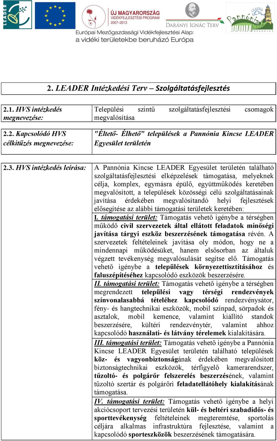 megvalósított, a települések közösségi célú szolgáltatásainak javítása érdekében megvalósítandó helyi fejlesztések elősegítése az alábbi támogatási területek keretében: I.