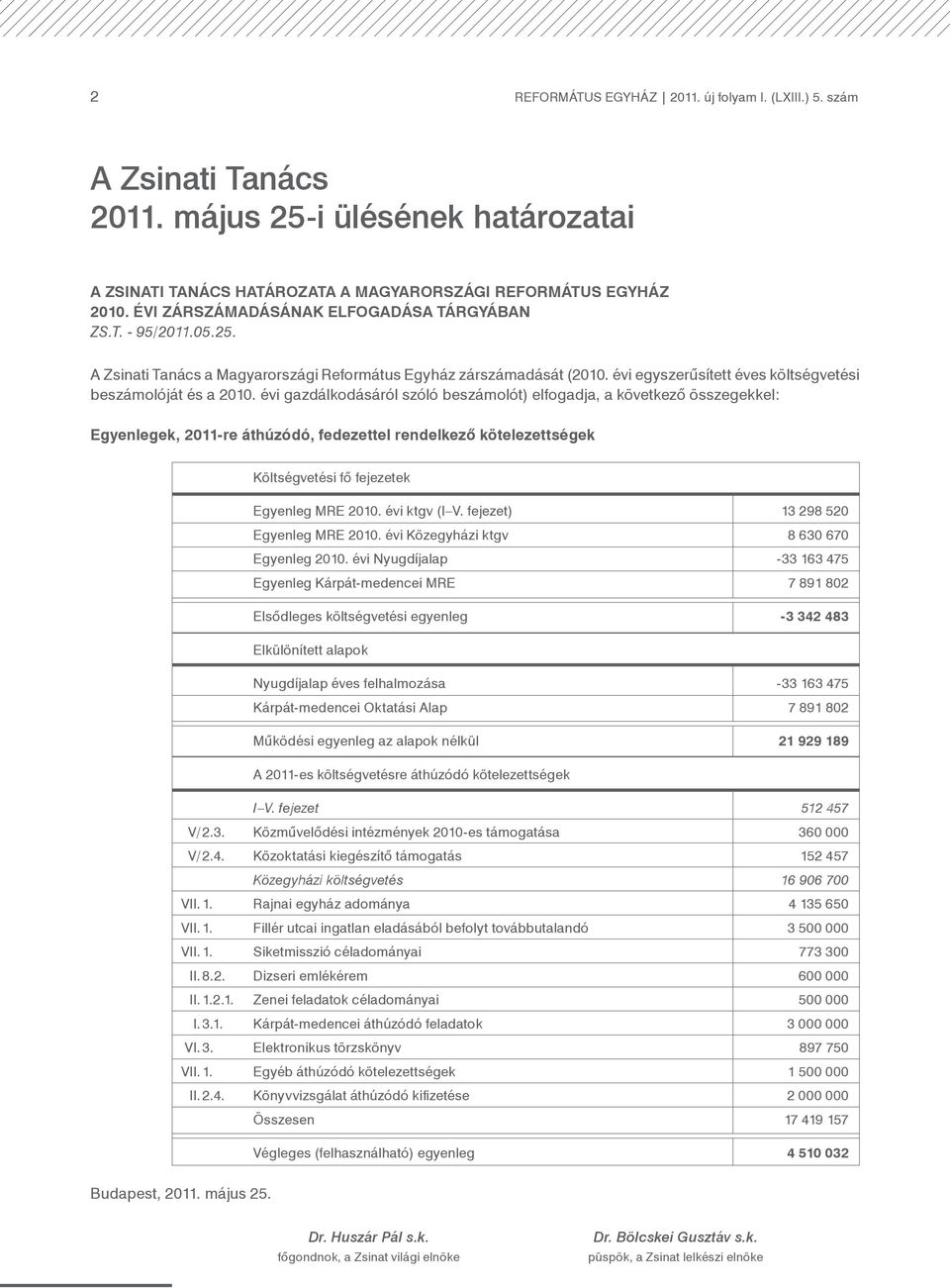 évi gazdálkodásáról szóló beszámolót) elfogadja, a következő összegekkel: Egyenlegek, 2011-re áthúzódó, fedezettel rendelkező kötelezettségek Költségvetési fő fejezetek Egyenleg MRE 2010.