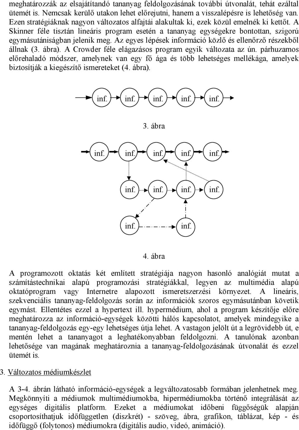 A Skinner féle tisztán lineáris program esetén a tananyag egységekre bontottan, szigorú egymásutániságban jelenik meg. Az egyes lépések információ közlő és ellenőrző részekből állnak (3. ábra).