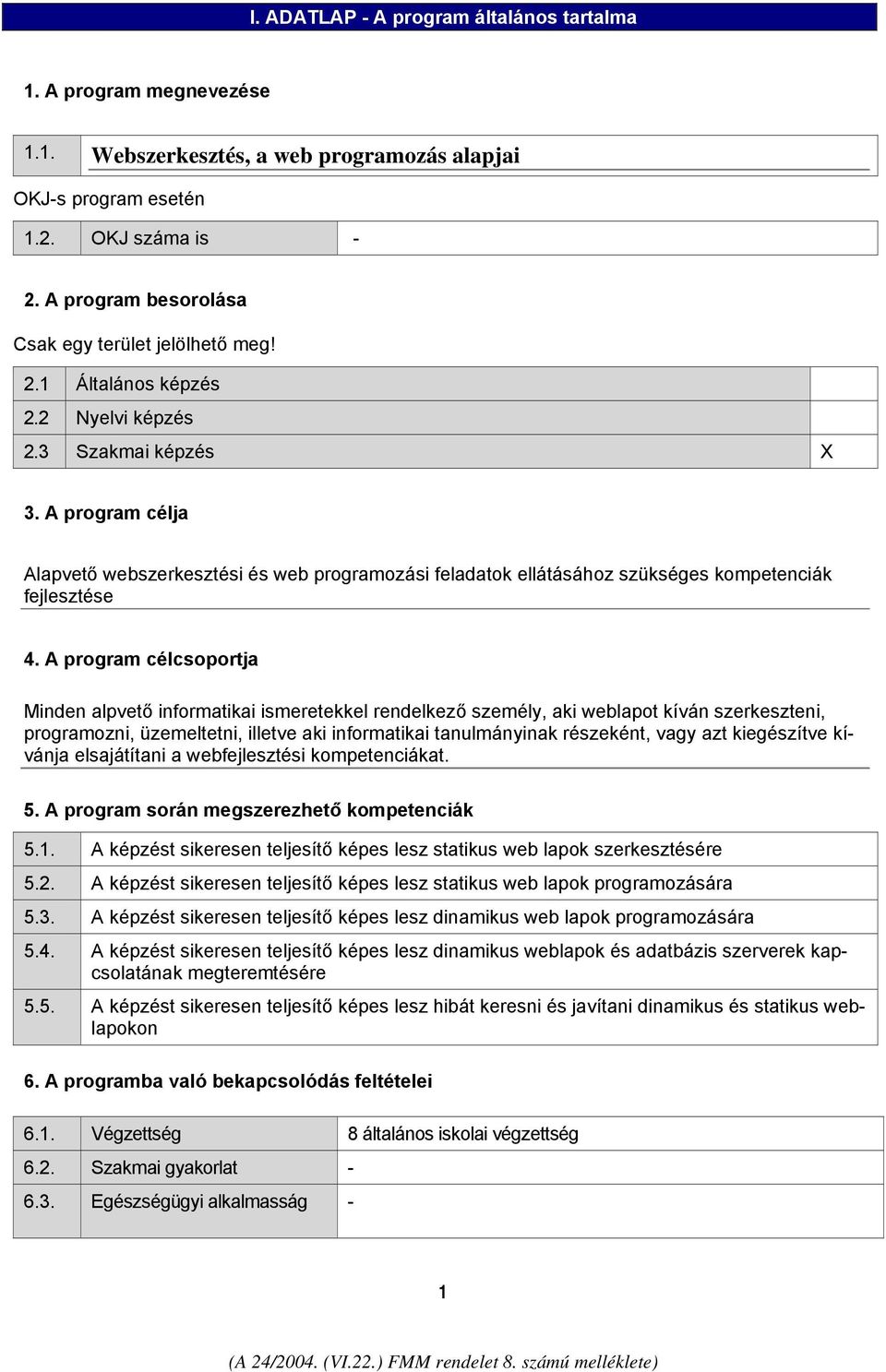 A program célja Alapvető webszerkesztési és web programozási feladatok ellátásához szükséges kompetenciák fejlesztése 4.