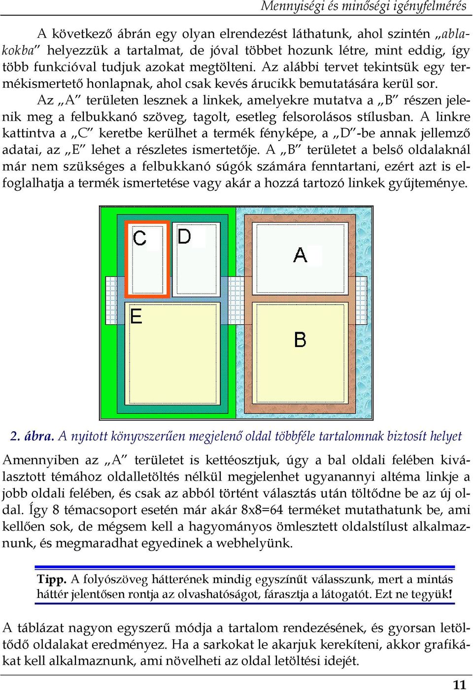 Az A területen lesznek a linkek, amelyekre mutatva a B részen jelenik meg a felbukkanó szöveg, tagolt, esetleg felsorolásos stílusban.