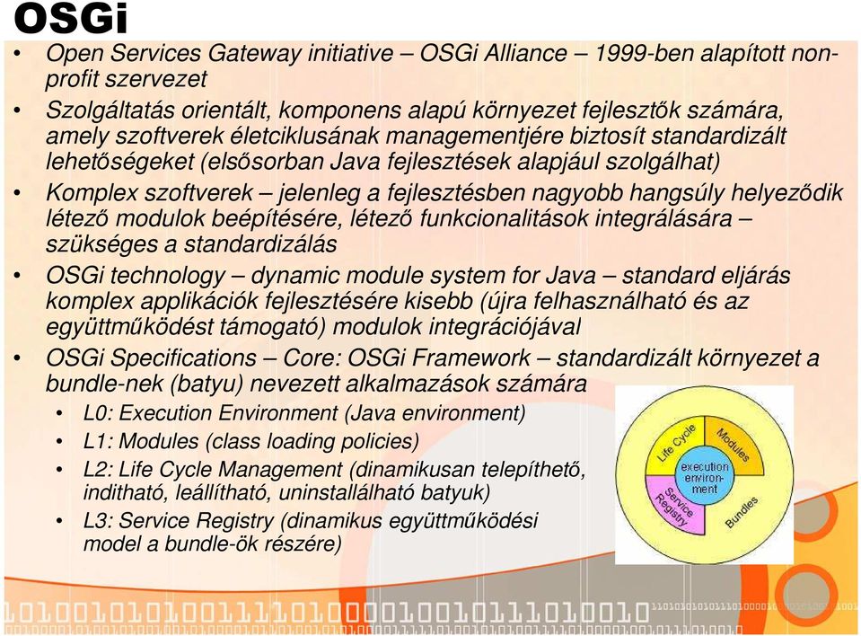 beépítésére, létező funkcionalitások integrálására szükséges a standardizálás OSGi technology dynamic module system for Java standard eljárás komplex applikációk fejlesztésére kisebb (újra