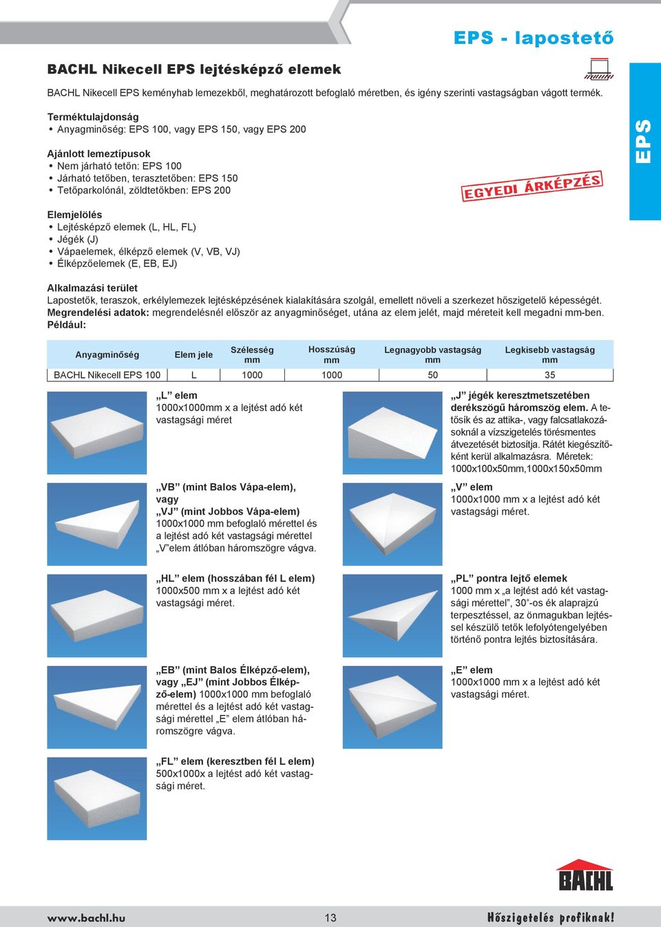 Elemjelölés Lejtésképző elemek (L, HL, FL) Jégék (J) Vápaelemek, élképző elemek (V, VB, VJ) Élképzőelemek (E, EB, EJ) EGYEDI ÁRKÉPZÉS EPS Alkalmazási terület Lapostetők, teraszok, erkélylemezek