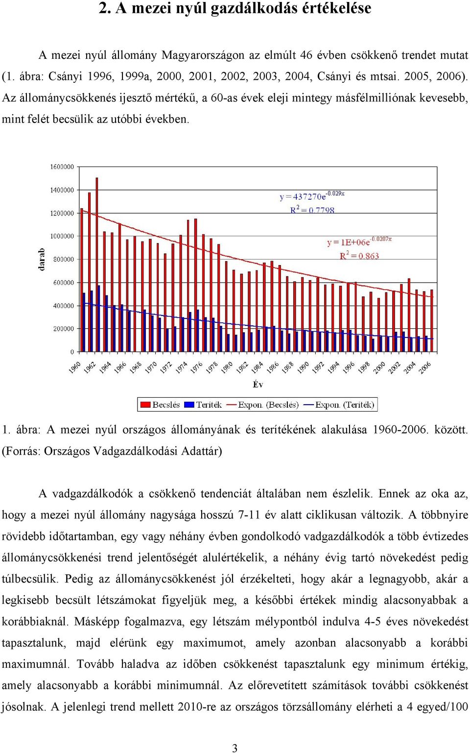 ábra: A mezei nyúl országos állományának és terítékének alakulása 1960-2006. között. (Forrás: Országos Vadgazdálkodási Adattár) A vadgazdálkodók a csökkenő tendenciát általában nem észlelik.