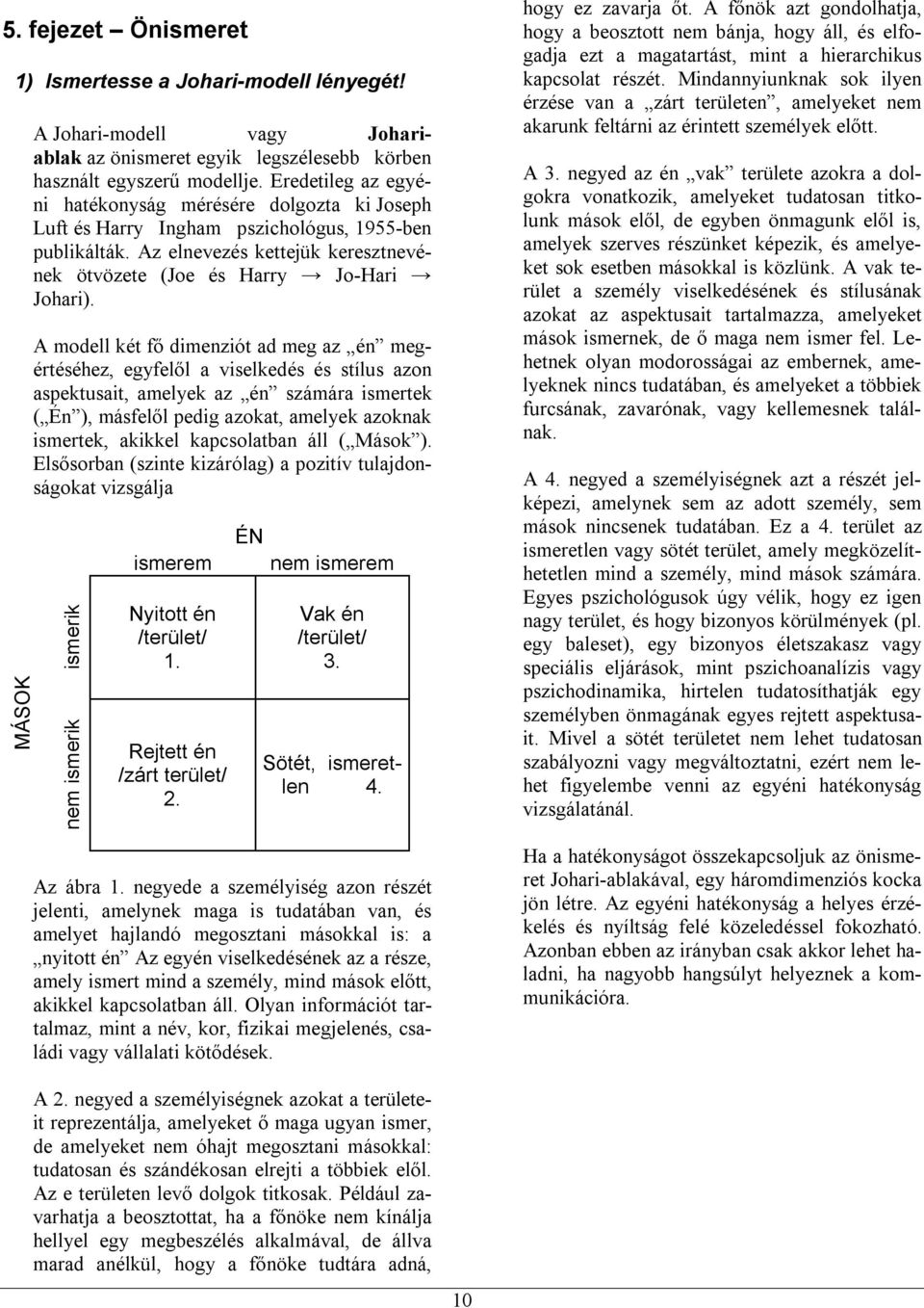 A modell két fő dimenziót ad meg az én megértéséhez, egyfelől a viselkedés és stílus azon aspektusait, amelyek az én számára ismertek ( Én ), másfelől pedig azokat, amelyek azoknak ismertek, akikkel