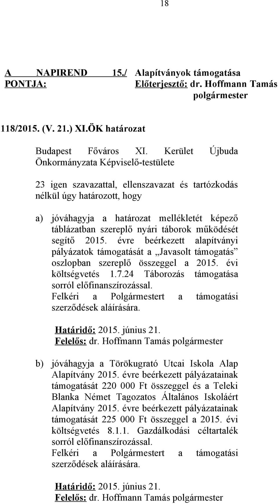 évre beérkezett alapítványi pályázatok támogatását a Javasolt támogatás oszlopban szereplő összeggel a 2015. évi költségvetés 1.7.24 Táborozás támogatása sorról előfinanszírozással.