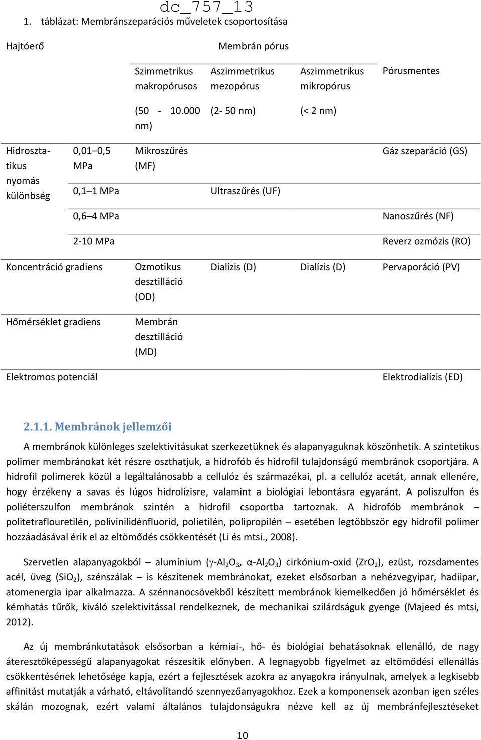 Koncentráció gradiens Hőmérséklet gradiens Elektromos potenciál Ozmotikus desztilláció (OD) Membrán desztilláció (MD) Dialízis (D) Dialízis (D) Pervaporáció (PV) Elektrodialízis (ED) 2.1.