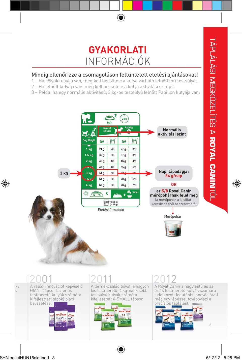 3 Példa: ha egy normális aktivitású, 3 kg-os testsúlyú felnőtt Papillon kutyája van: Normális aktivitási szint 3 kg Napi tápadagja: 54 g/nap >> : s 2001 2011 2012 A valódi innovációt képviselő GIANT