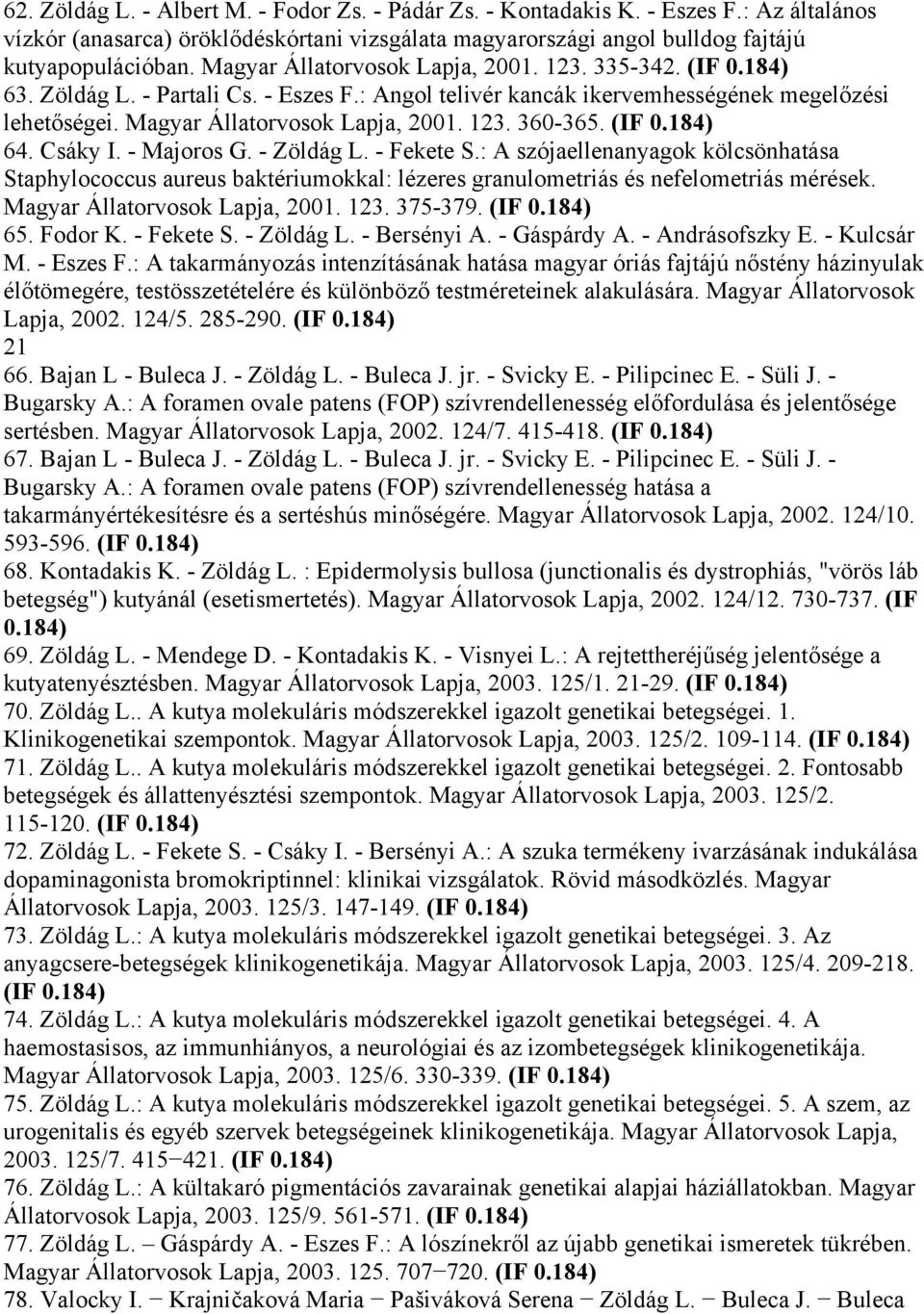 (IF 0.184) 64. Csáky I. - Majoros G. - Zöldág L. - Fekete S.: A szójaellenanyagok kölcsönhatása Staphylococcus aureus baktériumokkal: lézeres granulometriás és nefelometriás mérések.