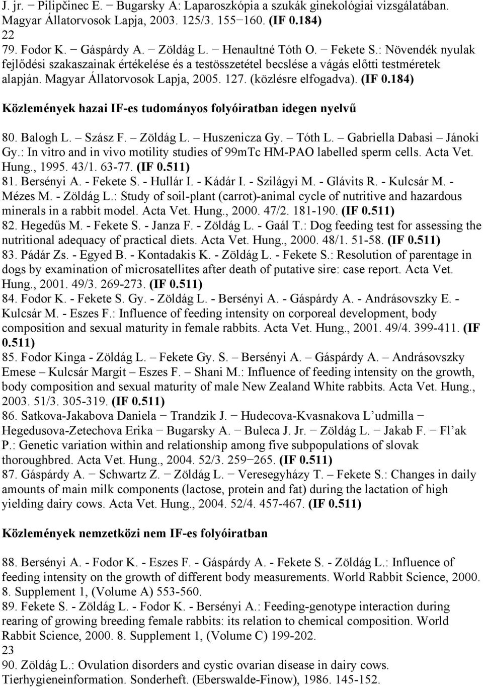 184) Közlemények hazai IF-es tudományos folyóiratban idegen nyelvű 80. Balogh L. Szász F. Zöldág L. Huszenicza Gy. Tóth L. Gabriella Dabasi Jánoki Gy.