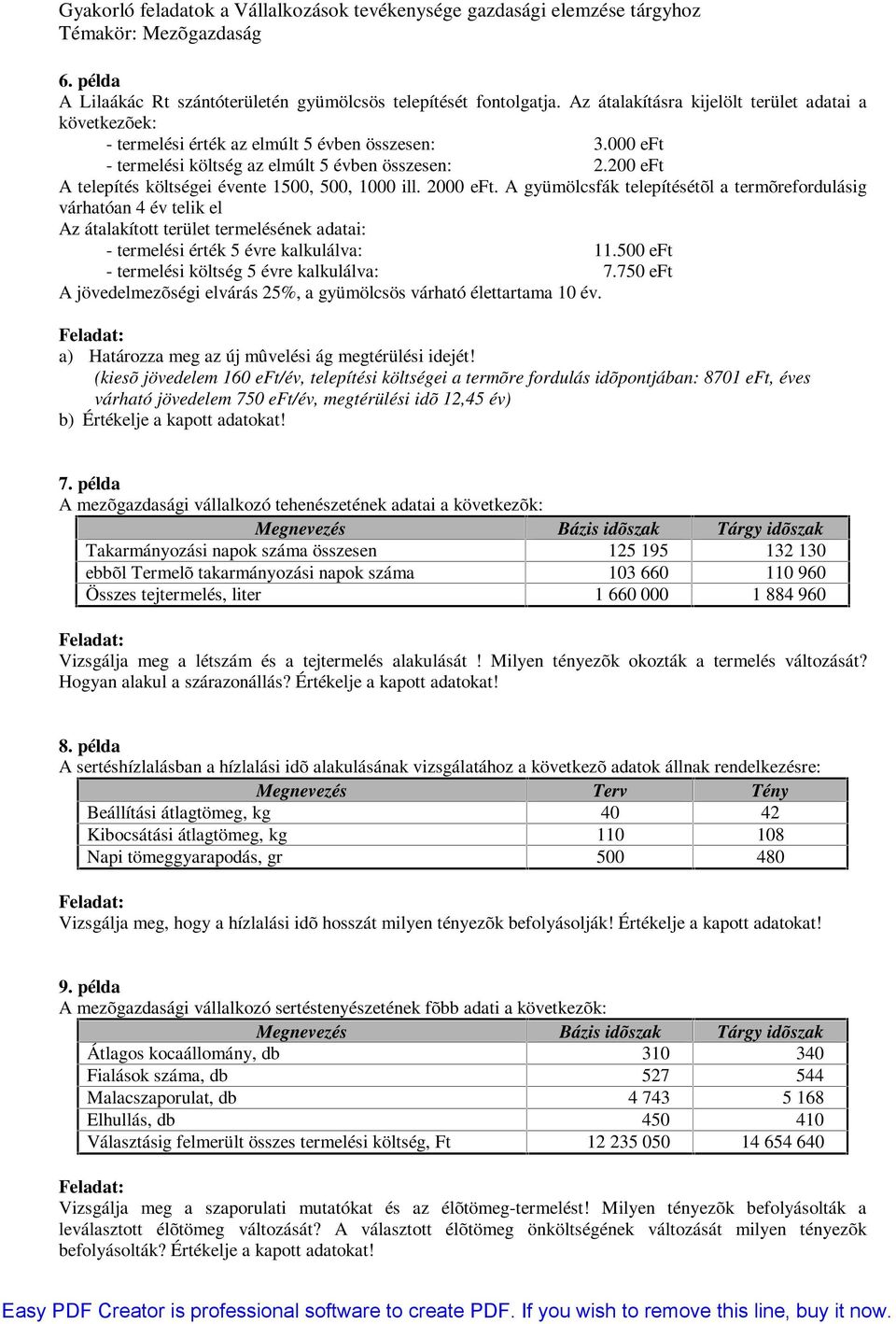 A gyümölcsfák telepítésétõl a termõrefordulásig várhatóan 4 év telik el Az átalakított terület termelésének adatai: - termelési érték 5 évre kalkulálva: 11.