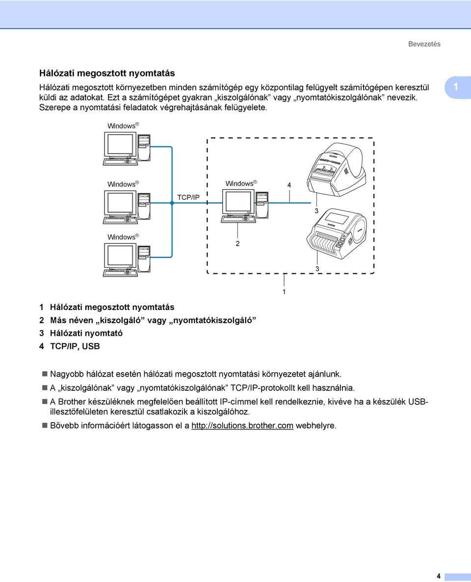 1 Windows R Windows R TCP/IP Windows R 4 3 Windows R 2 3 1 1 Hálózati megosztott nyomtatás 2 Más néven kiszolgáló vagy nyomtatókiszolgáló 3 Hálózati nyomtató 4 TCP/IP, USB Nagyobb hálózat esetén