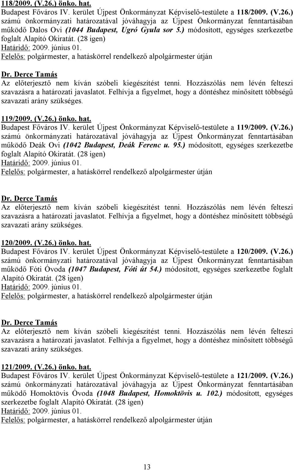 95.) módosított, egységes szerkezetbe foglalt Alapító Okiratát. (28 igen) 120/2009. (V.26.) önko. hat. Budapest Főváros IV. kerület Újpest Önkormányzat Képviselő-testülete a 120/2009. (V.26.) működő Fóti Óvoda (1047 Budapest, Fóti út 54.