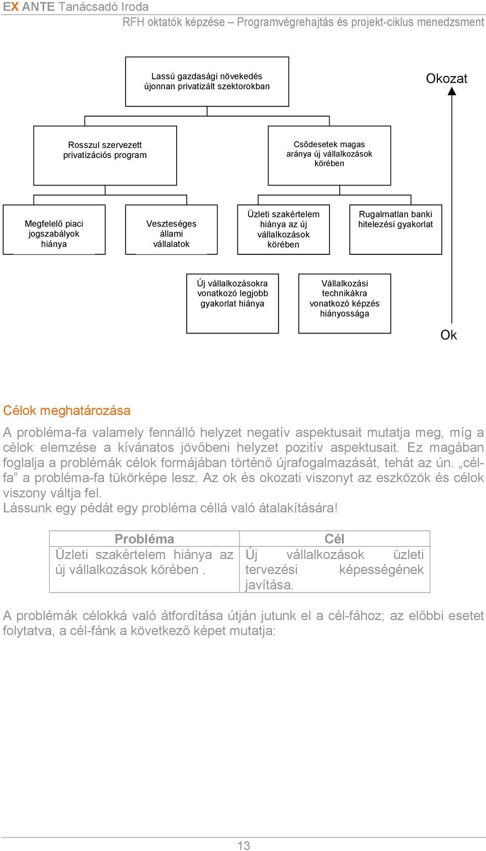 technikákra vonatkozó képzés hiányossága Ok Célok meghatározása A probléma-fa valamely fennálló helyzet negatív aspektusait mutatja meg, míg a célok elemzése a kívánatos jövőbeni helyzet pozitív