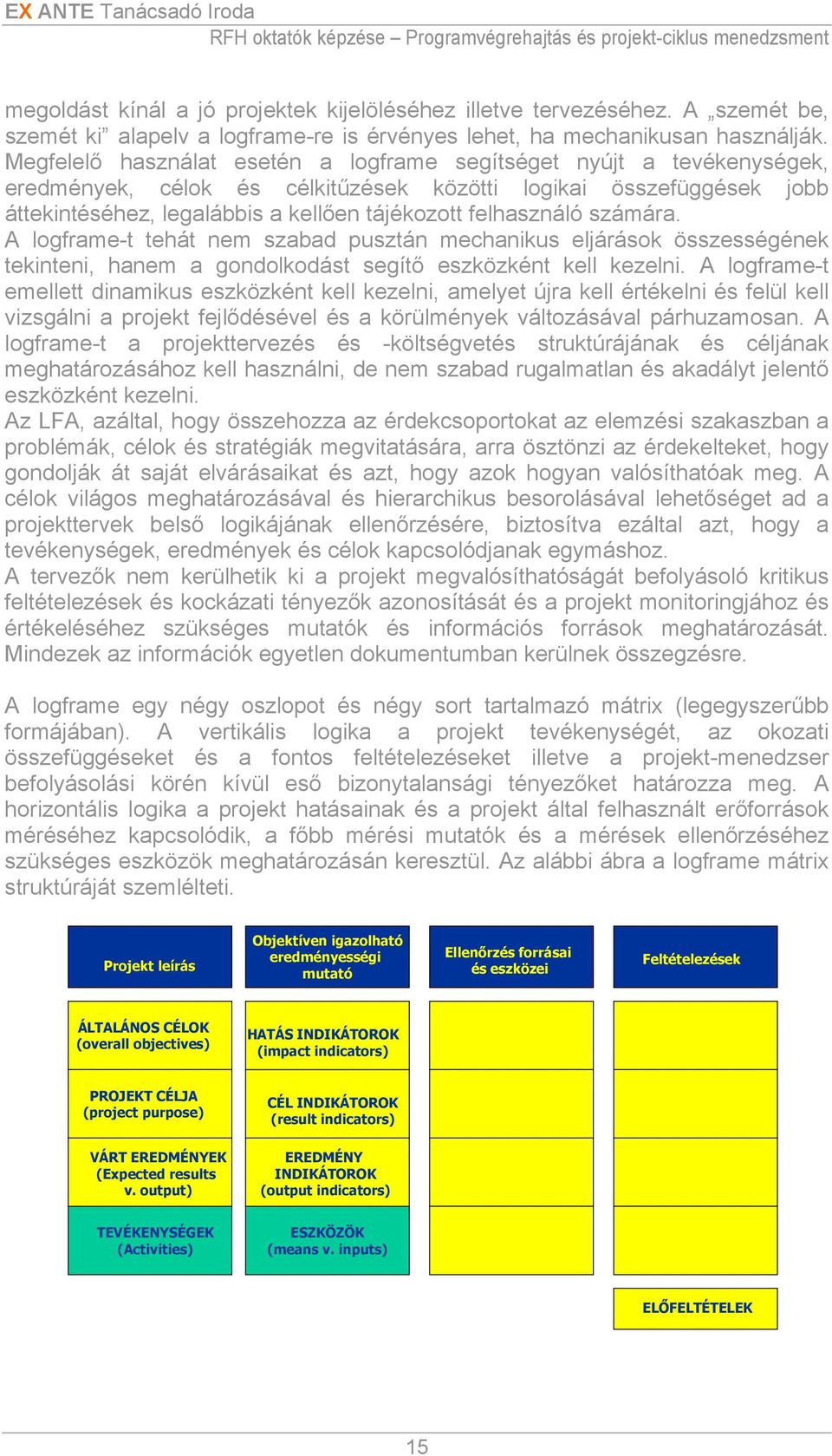 felhasználó számára. A logframe-t tehát nem szabad pusztán mechanikus eljárások összességének tekinteni, hanem a gondolkodást segítő eszközként kell kezelni.