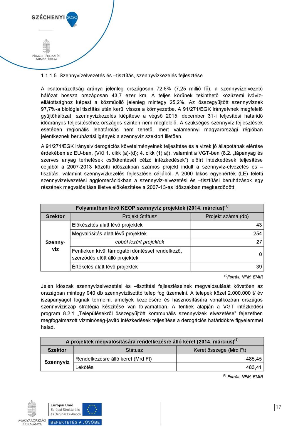A 91/271/EGK irányelvnek megfelelő gyűjtőhálózat, szennyvízkezelés kiépítése a végső 2015. december 31-i teljesítési határidő időarányos teljesítéséhez országos szinten nem megfelelő.