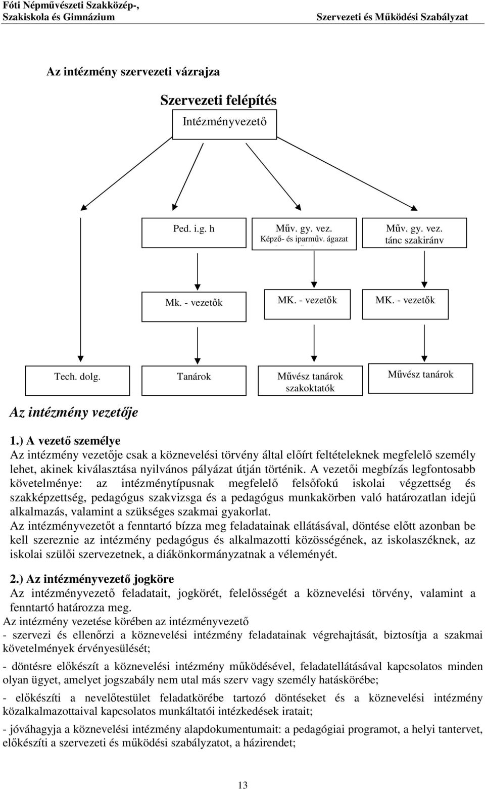 ) A vezető személye Az intézmény vezetője csak a köznevelési törvény által előírt feltételeknek megfelelő személy lehet, akinek kiválasztása nyilvános pályázat útján történik.