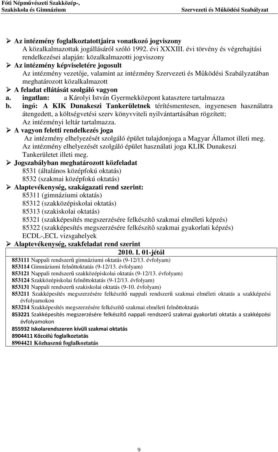 feladat ellátását szolgáló vagyon a. ingatlan: a Károlyi István Gyermekközpont katasztere tartalmazza b.