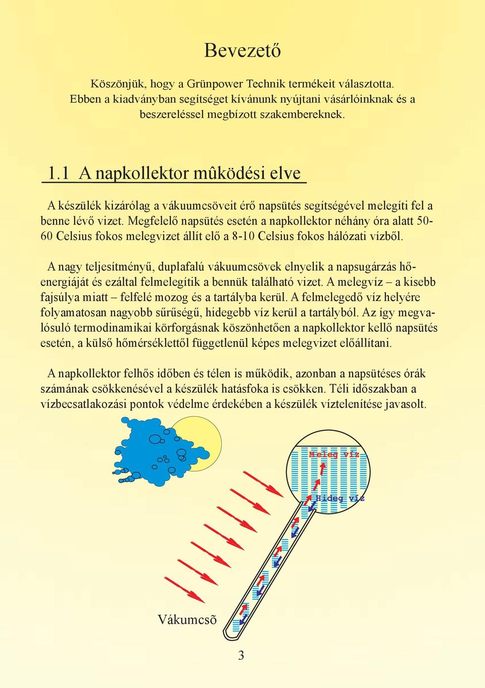 Megfelelő napsütés esetén a napkollektor néhány óra alatt 50-60 Celsius fokos melegvizet állít elő a 8-10 Celsius fokos hálózati vízből.