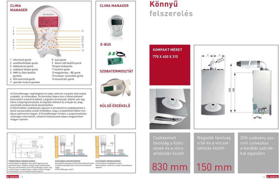 Szobatermosztát 770 x 400 x 315 A Clima Manager segítségével ön tudja vezérelni a kazánt akármelyik szobából az otthonában.