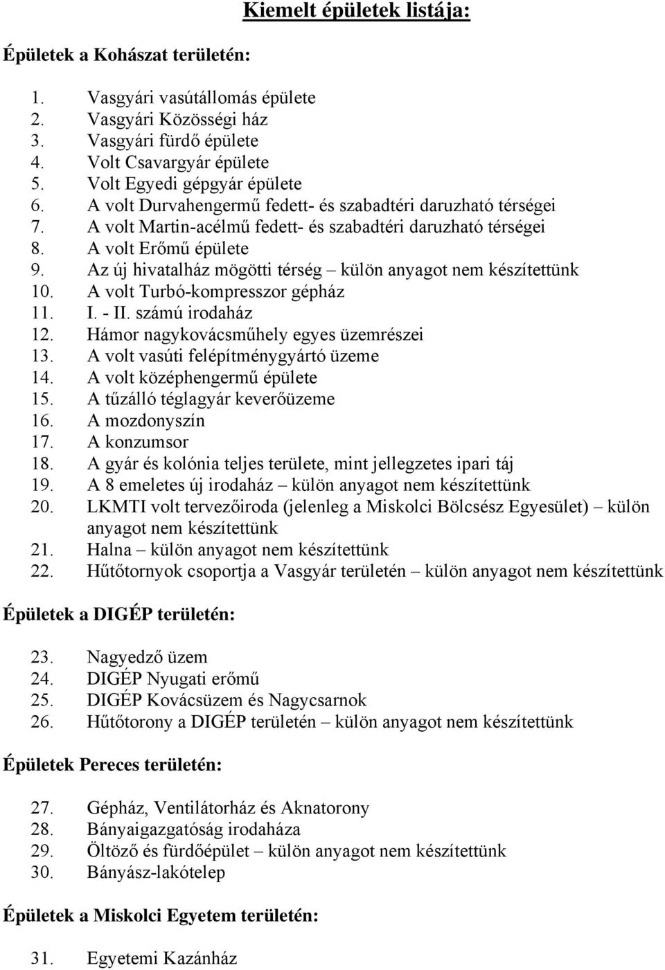 Az új hivatalház mögötti térség külön anyagot nem készítettünk 10. A volt Turbó-kompresszor gépház 11. I. - II. számú irodaház 12. Hámor nagykovácsműhely egyes üzemrészei 13.