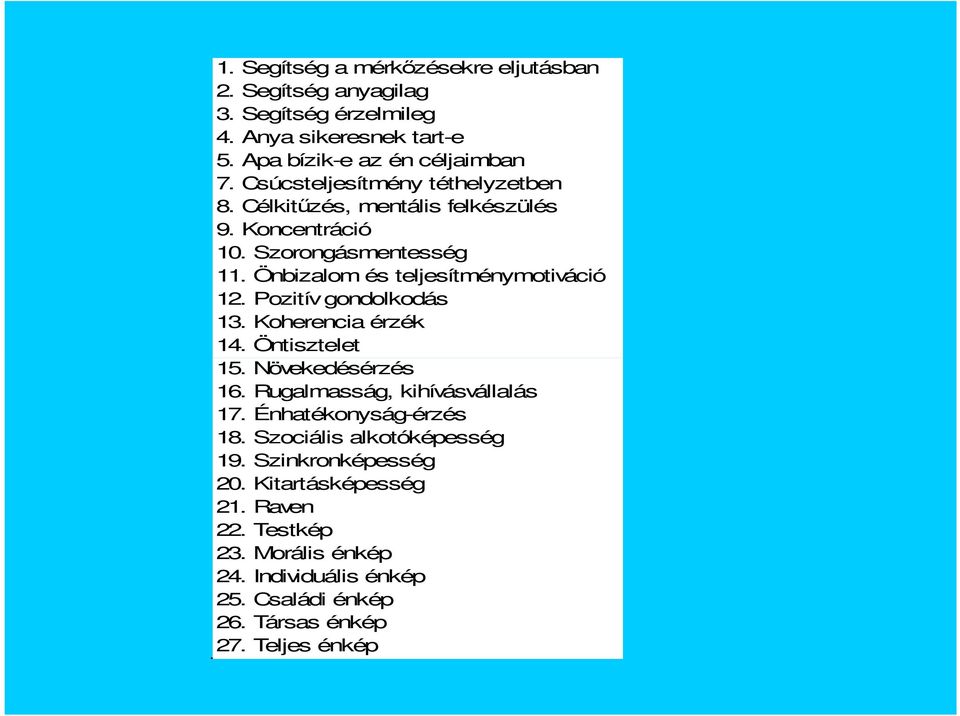 Pozitív gondolkodás 13. Koherencia érzék 14. Öntisztelet 15. Növekedésérzés 16. Rugalmasság, kihívásvállalás 17. Énhatékonyság-érzés 18.