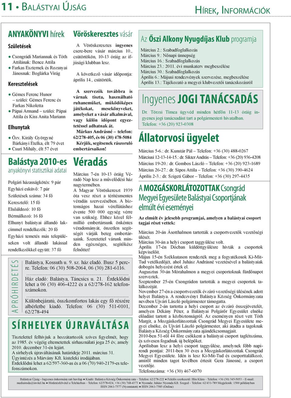 Király Györgyné Bárkányi Etelka, élt 79 évet Csuri Mihály, élt 57 évet Balástya 2010-es anyakönyvi statisztikai adatai Polgári házasságkötés: 9 pár Egyházi esküvő: 7 pár Születések száma: 34 fő