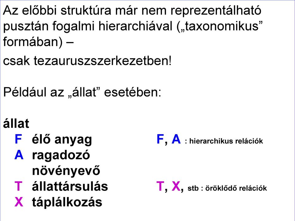 Például az állat esetében: állat F élő anyag A ragadozó növényevő T