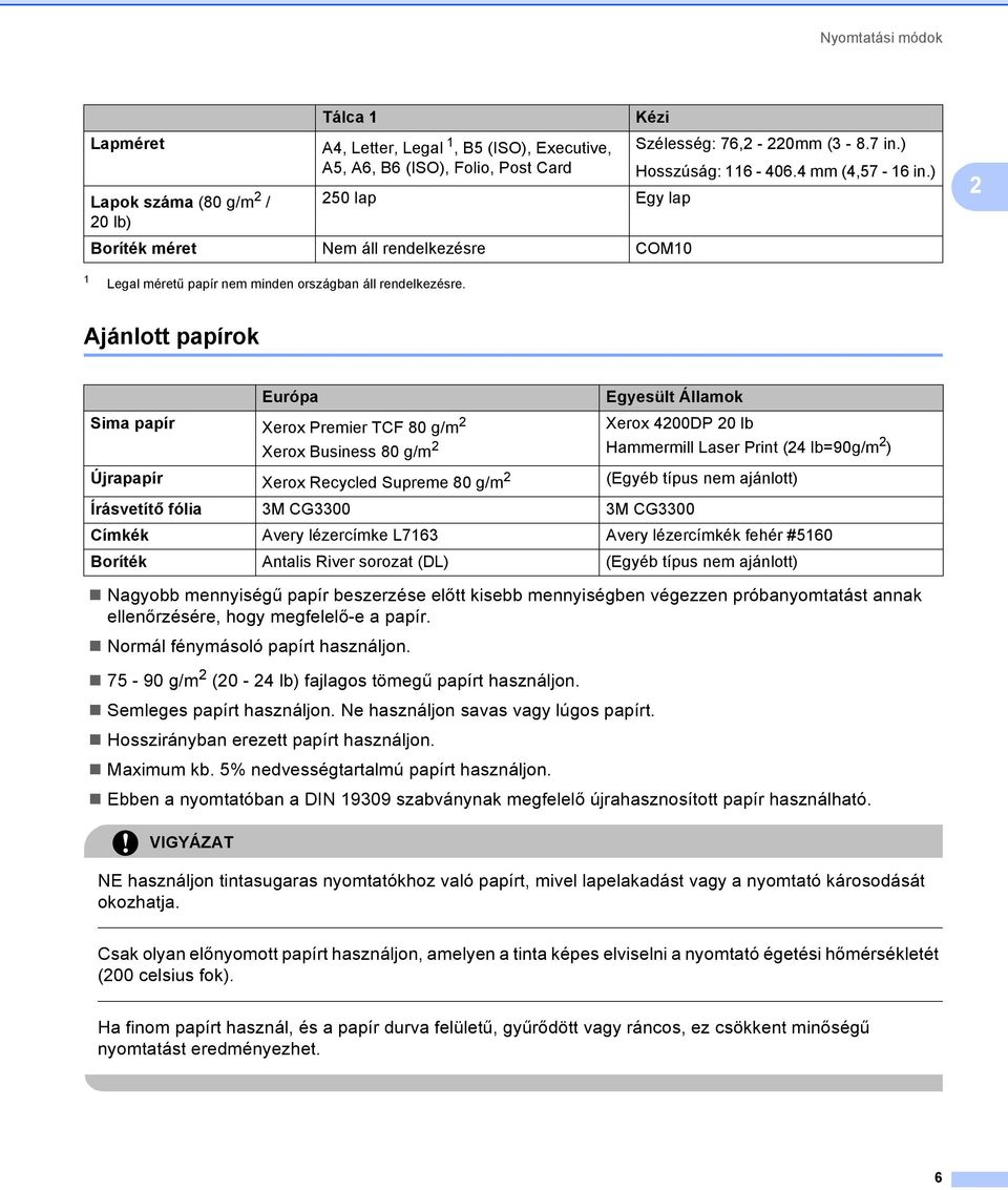 Ajánlott papírok 2 Európa Sima papír Xerox Premier TCF 80 g/m 2 Egyesült Államok Xerox 4200DP 20 lb Xerox Business 80 g/m 2 Hammermill Laser Print (24 lb=90g/m 2 ) Újrapapír Xerox Recycled Supreme 80