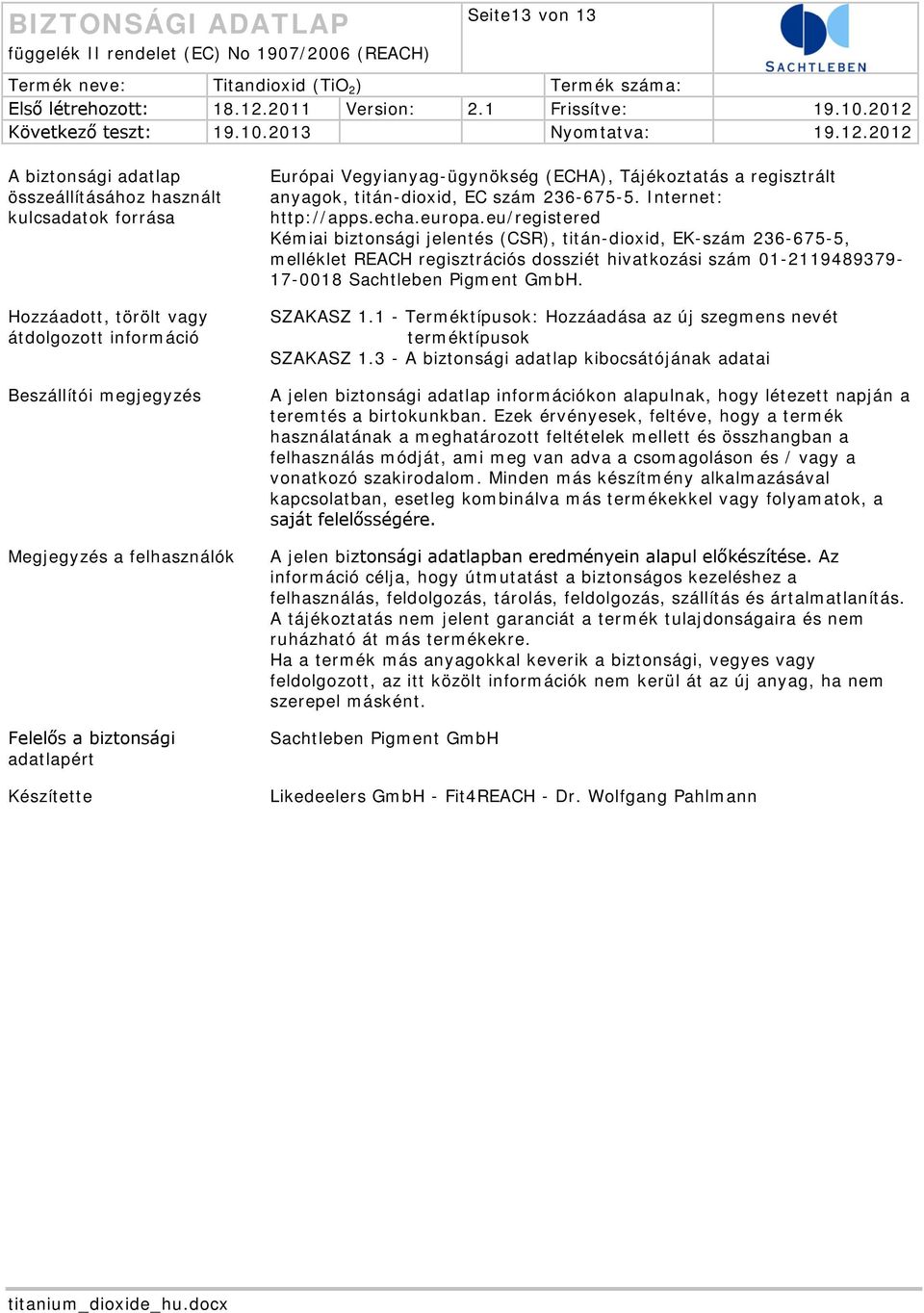 eu/registered Kémiai biztonsági jelentés (CSR), titán-dioxid, EK-szám 236-675-5, melléklet REACH regisztrációs dossziét hivatkozási szám 01-2119489379- 17-0018 Sachtleben Pigment GmbH. SZAKASZ 1.