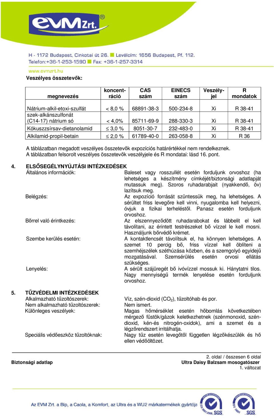 összetevők expozíciós határértékkel nem rendelkeznek. A táblázatban felsorolt veszélyes összetevők veszélyjele és R mondatai: lásd 16. pont. 4.