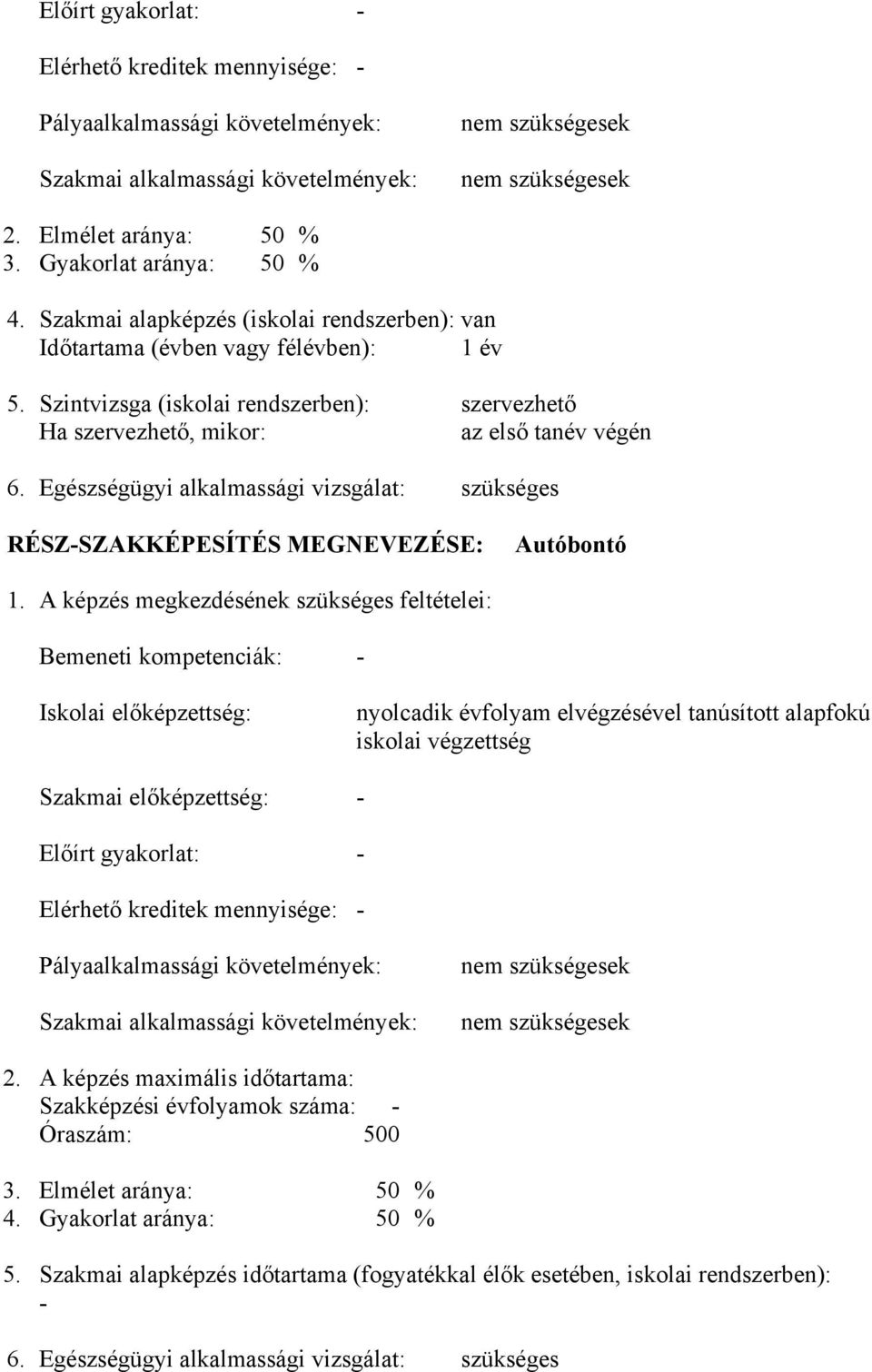 Szintvizsga (iskolai rendszerben): szervezhető Ha szervezhető, mikor: az első tanév végén 6. Egészségügyi alkalmassági vizsgálat: szükséges RÉSZSZAKKÉPESÍTÉS MEGNEVEZÉSE: Autóbontó 1.