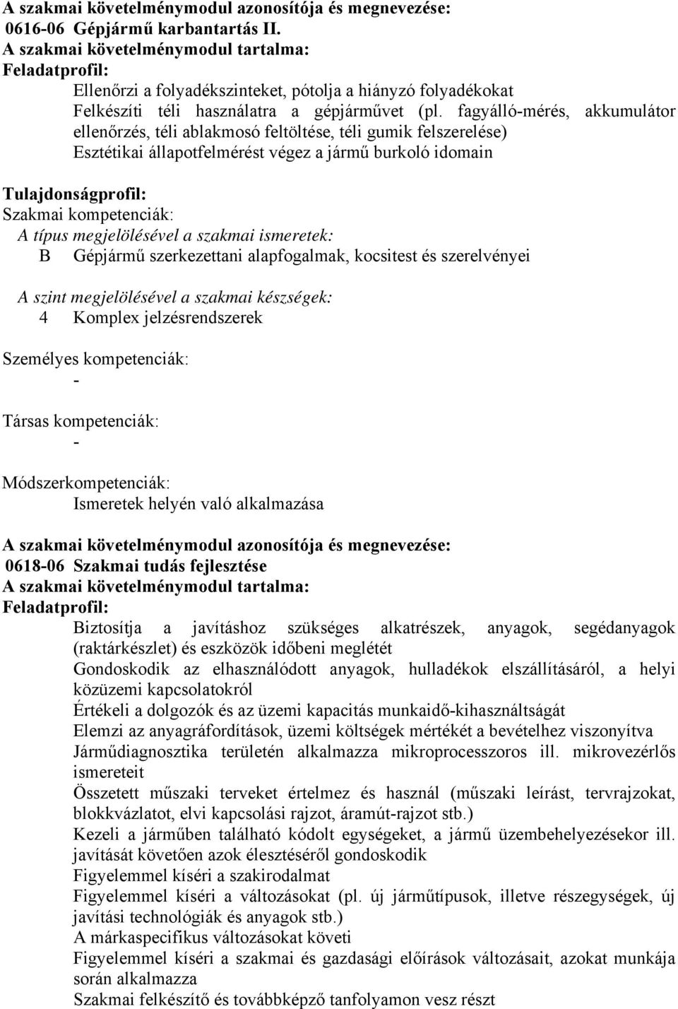 fagyállómérés, akkumulátor ellenőrzés, téli ablakmosó feltöltése, téli gumik felszerelése) Esztétikai állapotfelmérést végez a jármű burkoló idomain Tulajdonságprofil: Szakmai kompetenciák: A típus