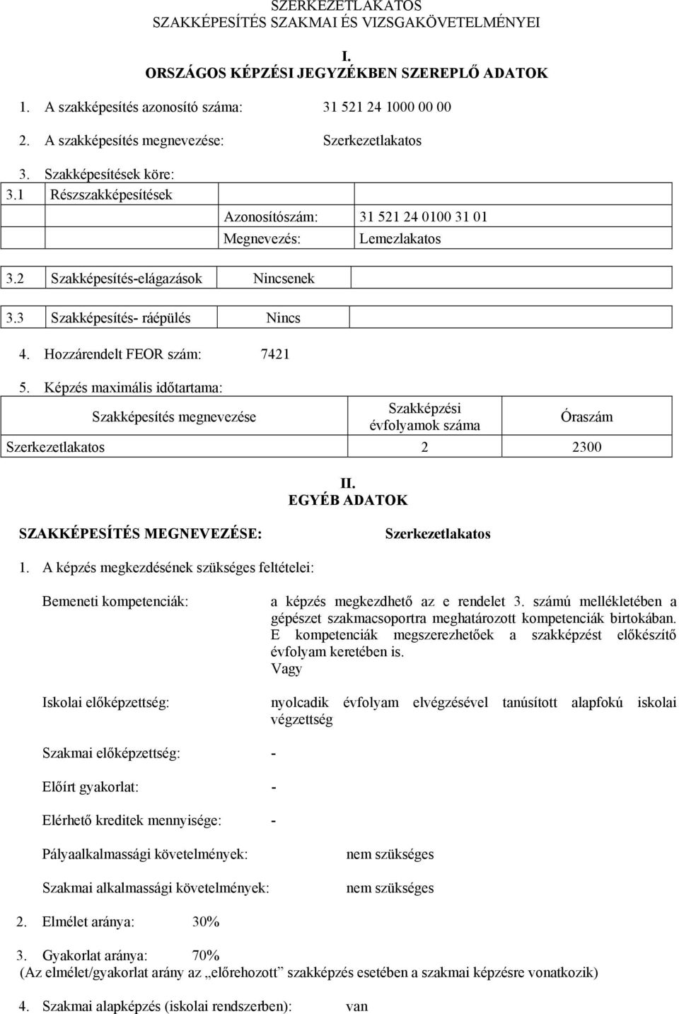 3 Szakképesítés- ráépülés Nincs 4. Hozzárendelt FEOR szám: 7421 5. Képzés maximális időtartama: Szakképesítés megnevezése Szakképzési évfolyamok száma Óraszám Szerkezetlakatos 2 2300 II.