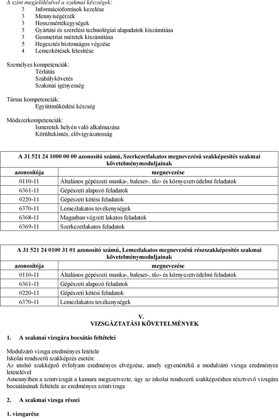 Módszerkompetenciák: Ismeretek helyén való alkalmazása Körültekintés, elővigyázatosság A 31 521 24 1000 00 00 azonosító számú, Szerkezetlakatos megnevezésű szakképesítés szakmai