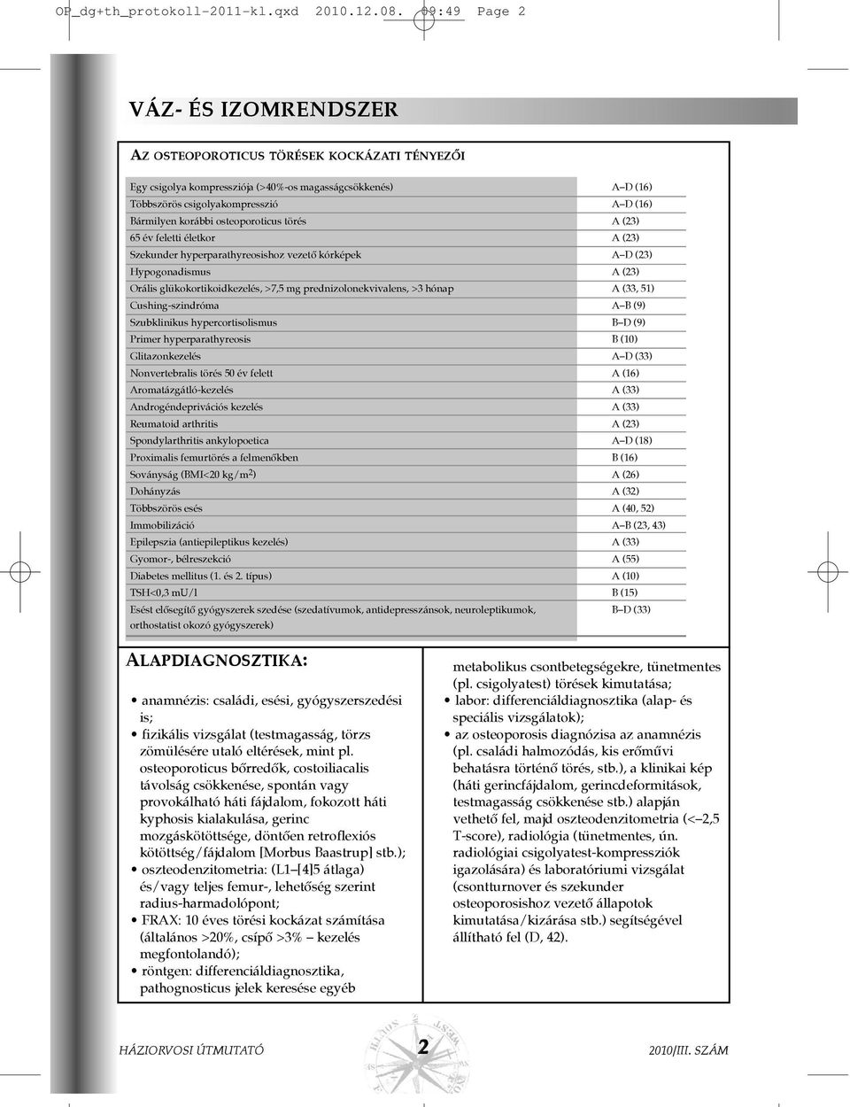 törés A (23) 65 év feletti életkor A (23) Szekunder hyperparathyreosishoz vezetõ kórképek A D (23) Hypogonadismus A (23) Orális glükokortikoidkezelés, >7,5 mg prednizolonekvivalens, >3 hónap A (33,