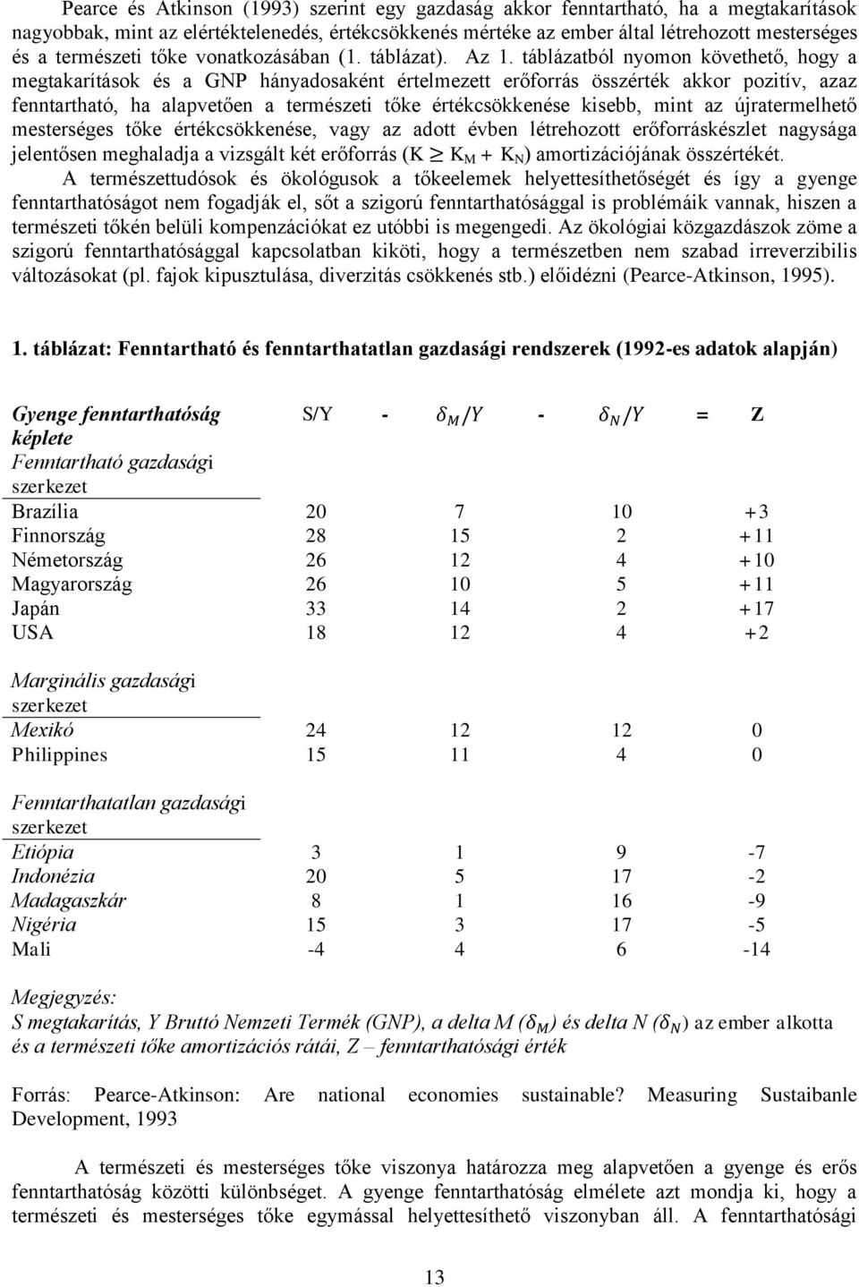táblázatból nyomon követhető, hogy a megtakarítások és a GNP hányadosaként értelmezett erőforrás összérték akkor pozitív, azaz fenntartható, ha alapvetően a természeti tőke értékcsökkenése kisebb,