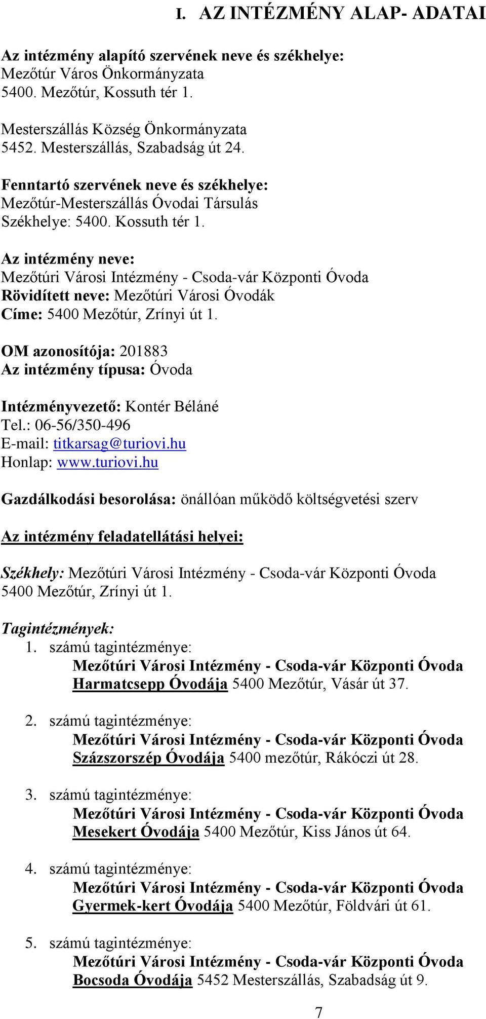 Az intézmény neve: Mezőtúri Városi Intézmény - Csoda-vár Központi Óvoda Rövidített neve: Mezőtúri Városi Óvodák Címe: 5400 Mezőtúr, Zrínyi út 1.