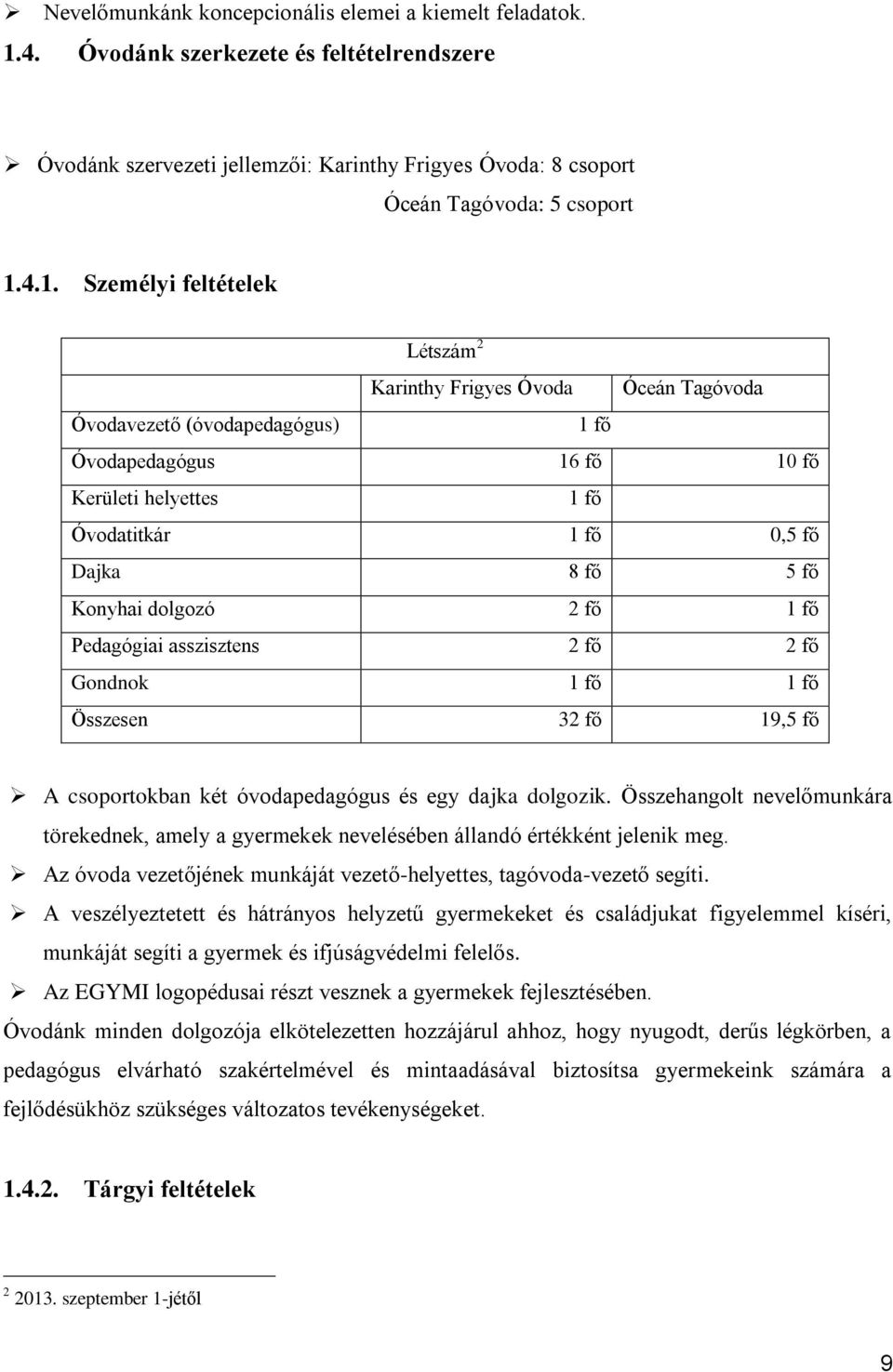 4.1. Személyi feltételek Létszám 2 Karinthy Frigyes Óvoda Óceán Tagóvoda Óvodavezető (óvodapedagógus) 1 fő Óvodapedagógus 16 fő 10 fő Kerületi helyettes 1 fő Óvodatitkár 1 fő 0,5 fő Dajka 8 fő 5 fő