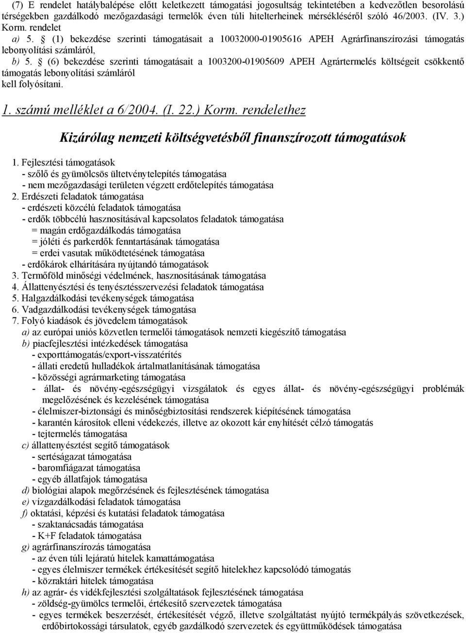 (6) bekezdése szerinti támogatásait a 1003200-01905609 APEH Agrártermelés költségeit csökkentő támogatás lebonyolítási számláról kell folyósítani. 1. számú melléklet a 6/2004. (I. 22.) Korm.